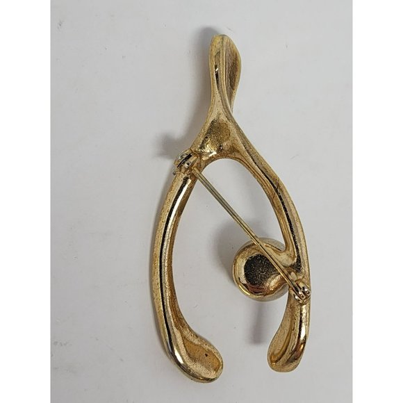 Vintage Gold Tone Brooch Wishbone Shaped With Single Faux Pearl Costume Jewelry - Picture 2 of 4